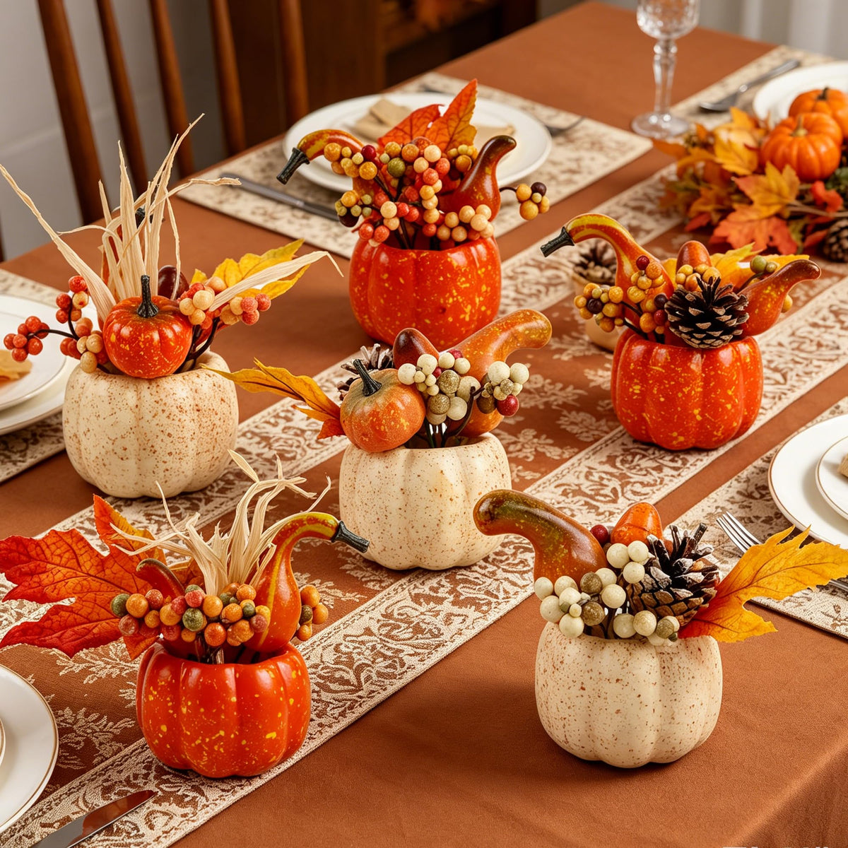 Set of 6 Artificial Pumpkins for Fall and Thanksgiving Home Decor