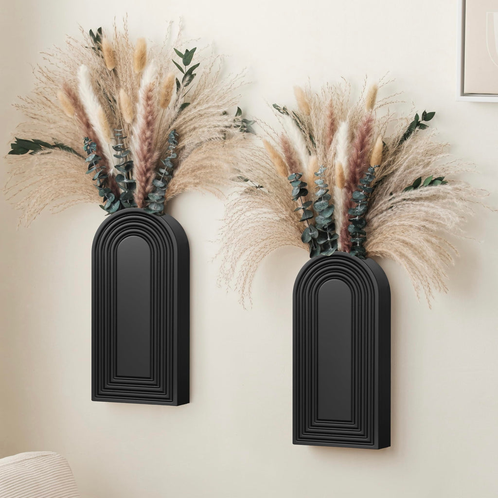 Set of 2 Black Wooden Wall Vases with Pampas Grass and Eucalyptus