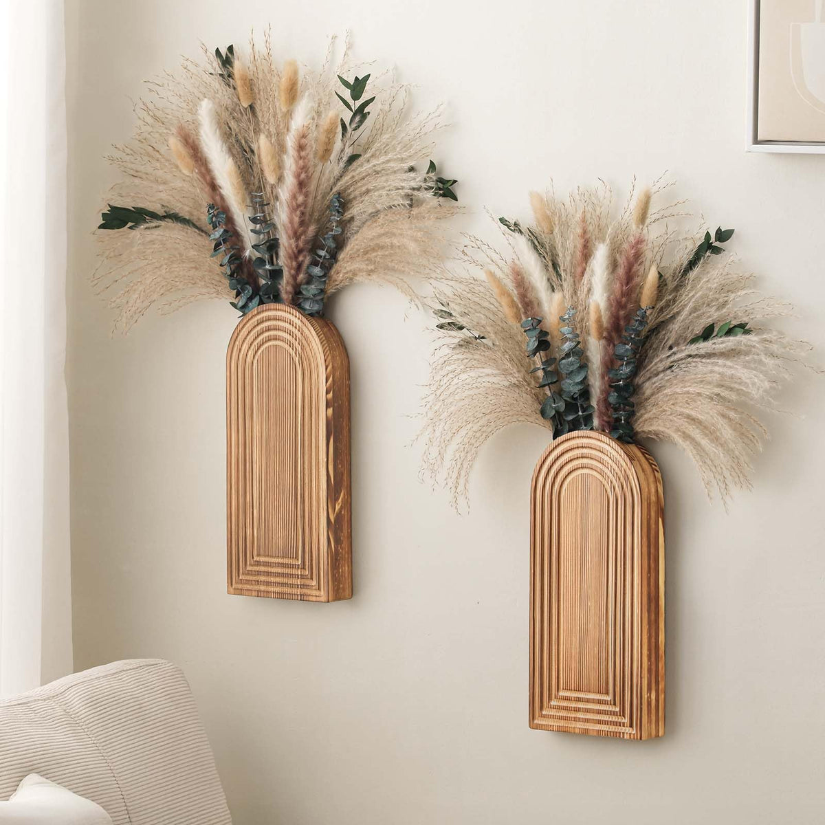 Set of 2 Black Wooden Wall Vases with Pampas Grass and Eucalyptus