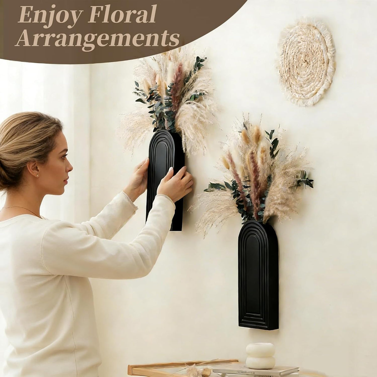 Set of 2 Black Wooden Wall Vases with Pampas Grass and Eucalyptus