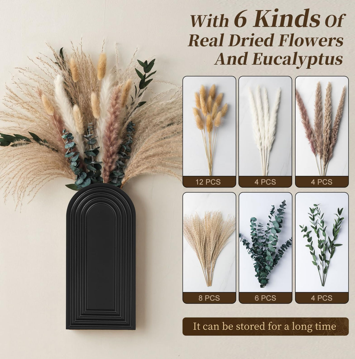 Set of 2 Black Wooden Wall Vases with Pampas Grass and Eucalyptus
