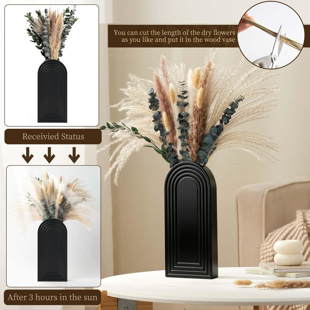 Set of 2 Black Wooden Wall Vases with Pampas Grass and Eucalyptus