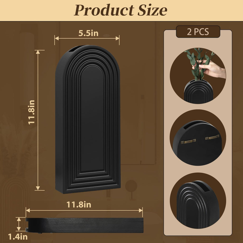 Set of 2 Black Wooden Wall Vases with Pampas Grass and Eucalyptus