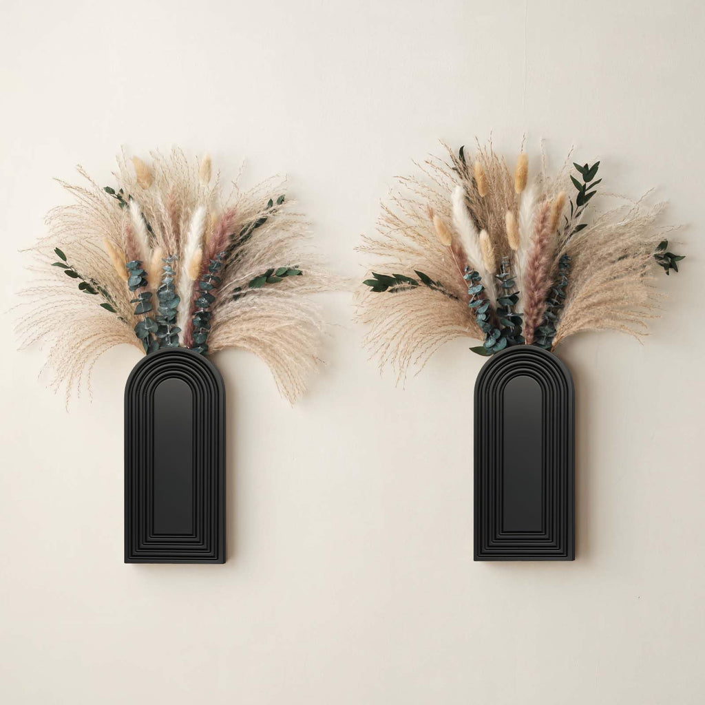 Set of 2 Black Wooden Wall Vases with Pampas Grass and Eucalyptus