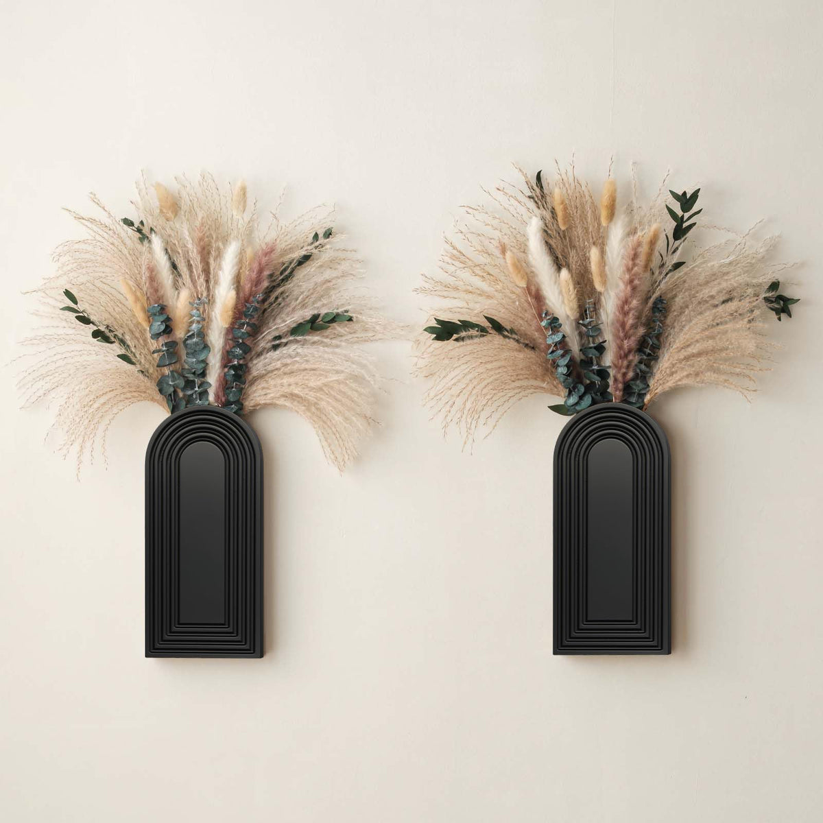 Set of 2 Black Wooden Wall Vases with Pampas Grass and Eucalyptus