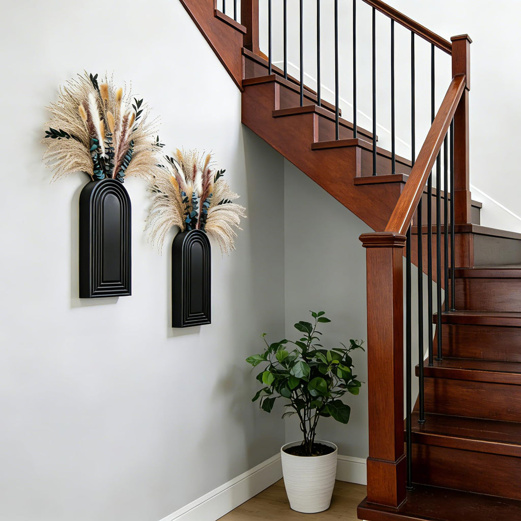 Set of 2 Black Wooden Wall Vases with Pampas Grass and Eucalyptus