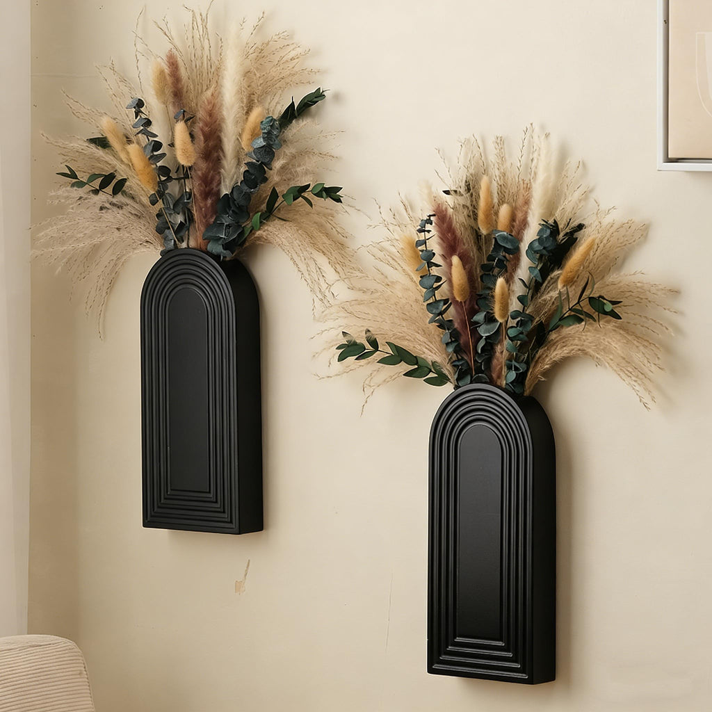 Set of 2 Black Wooden Wall Vases with Pampas Grass and Eucalyptus