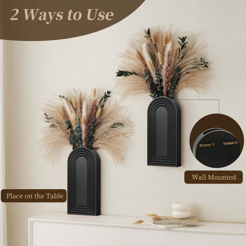 Set of 2 Black Wooden Wall Vases with Pampas Grass and Eucalyptus