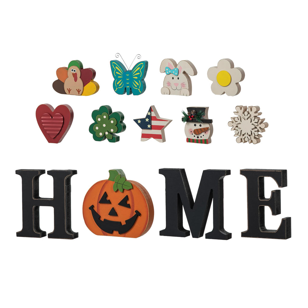 Interchangeable Wooden HOME Table Sign with 13 Seasonal Decor Pieces