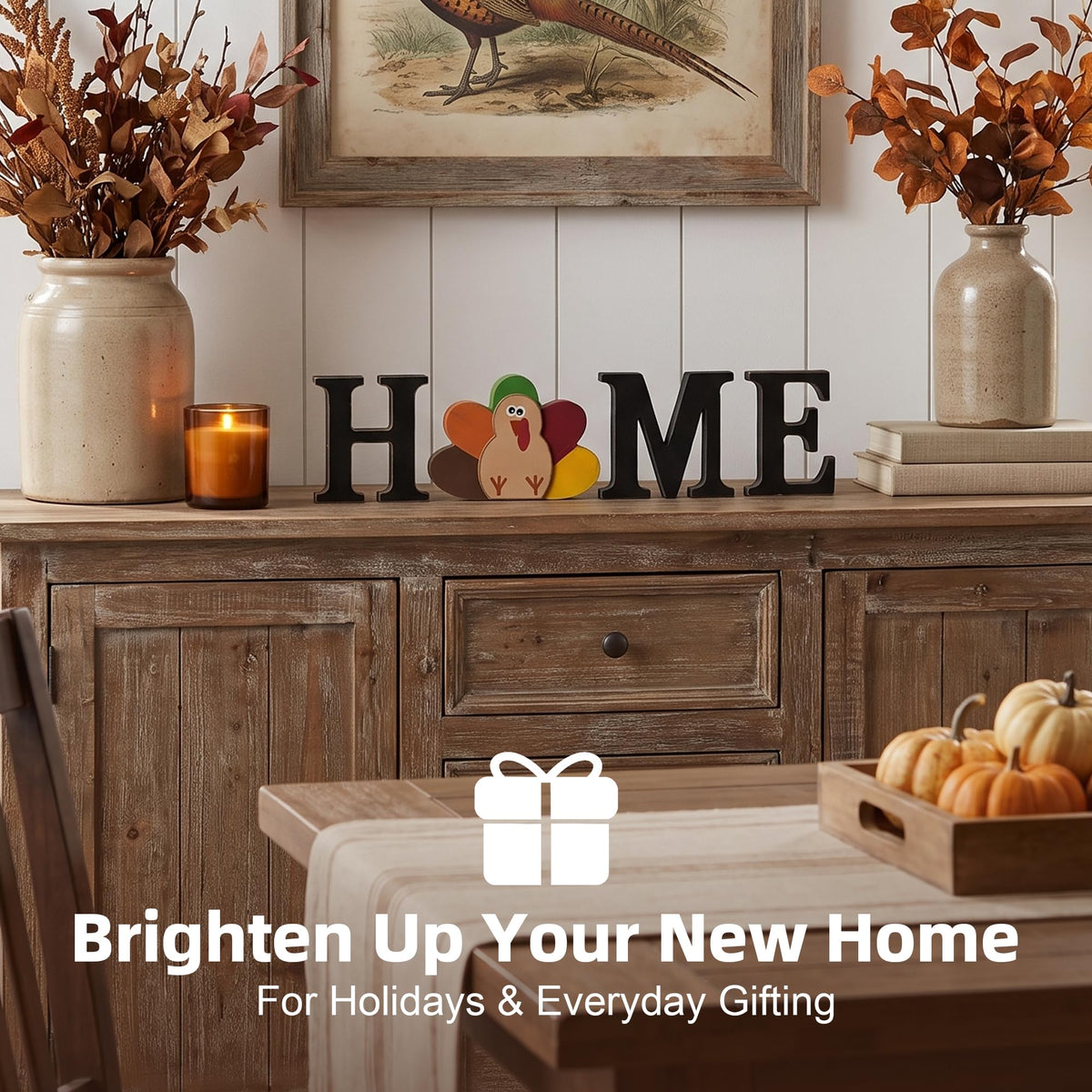 Interchangeable Wooden HOME Table Sign with 13 Seasonal Decor Pieces