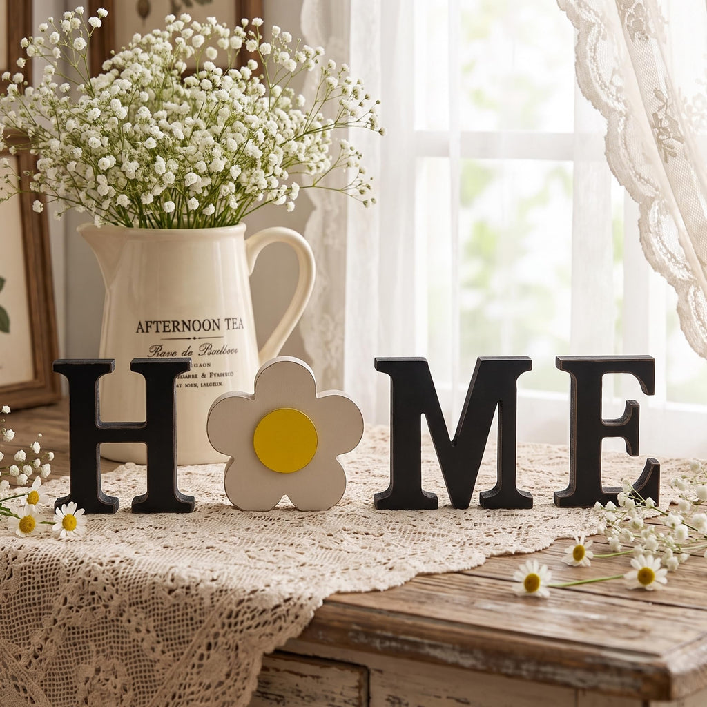 Interchangeable Wooden HOME Table Sign with 13 Seasonal Decor Pieces
