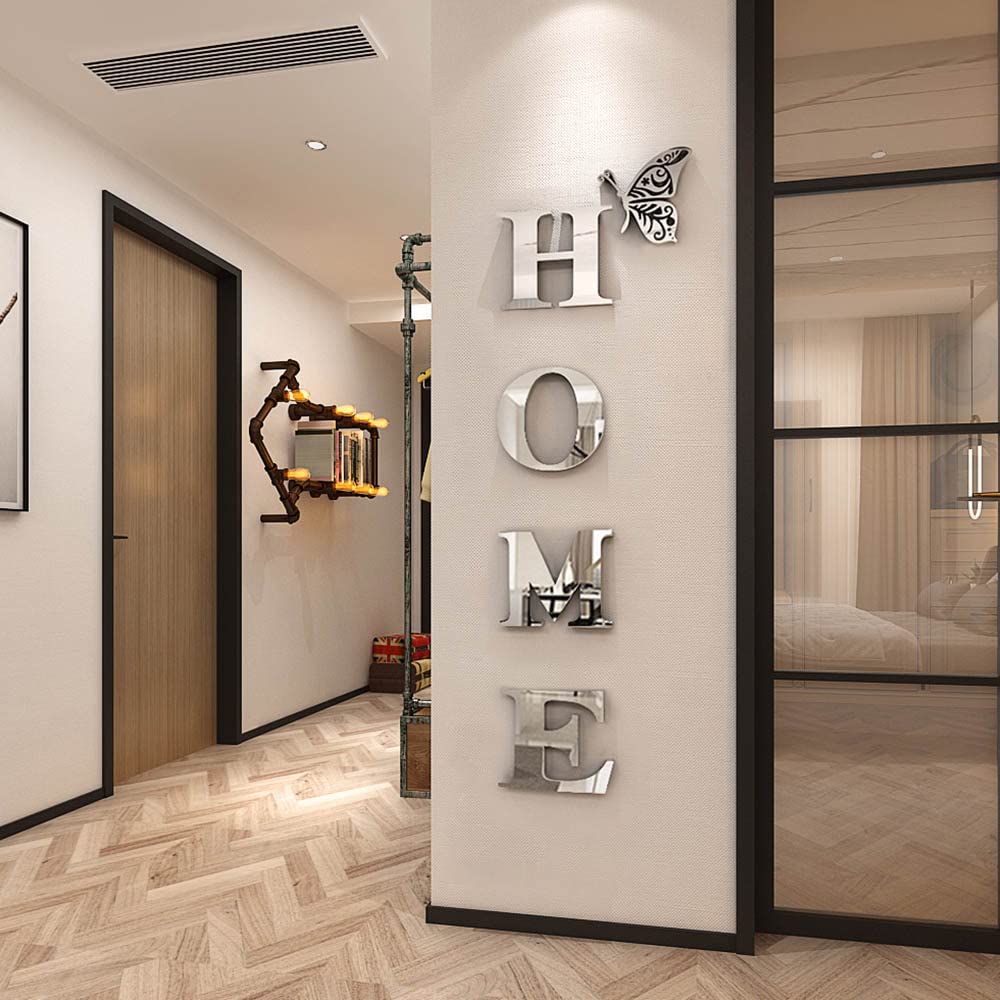 Silver Acrylic Mirror Wall Stickers with Letters and Butterfly Decor