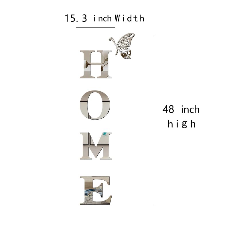 Silver Acrylic Mirror Wall Stickers with Letters and Butterfly Decor