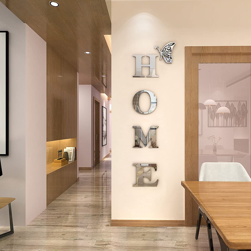 Silver Acrylic Mirror Wall Stickers with Letters and Butterfly Decor