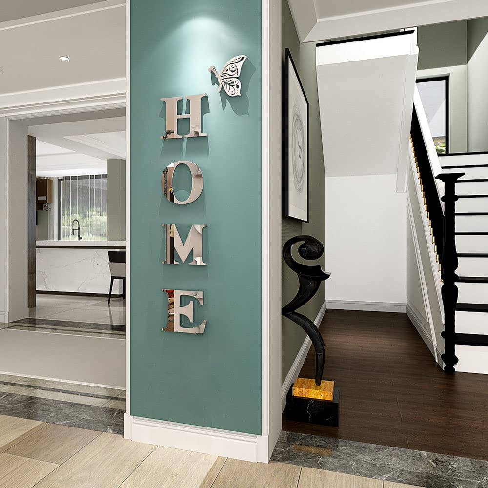 Silver Acrylic Mirror Wall Stickers with Letters and Butterfly Decor