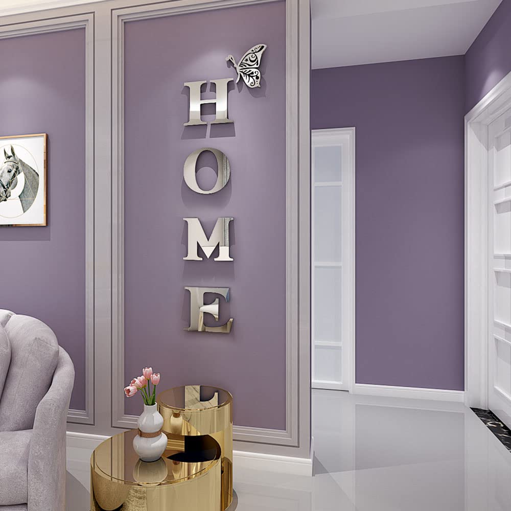Silver Acrylic Mirror Wall Stickers with Letters and Butterfly Decor