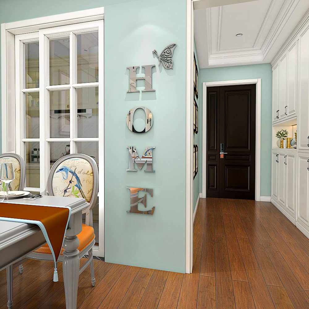 Silver Acrylic Mirror Wall Stickers with Letters and Butterfly Decor