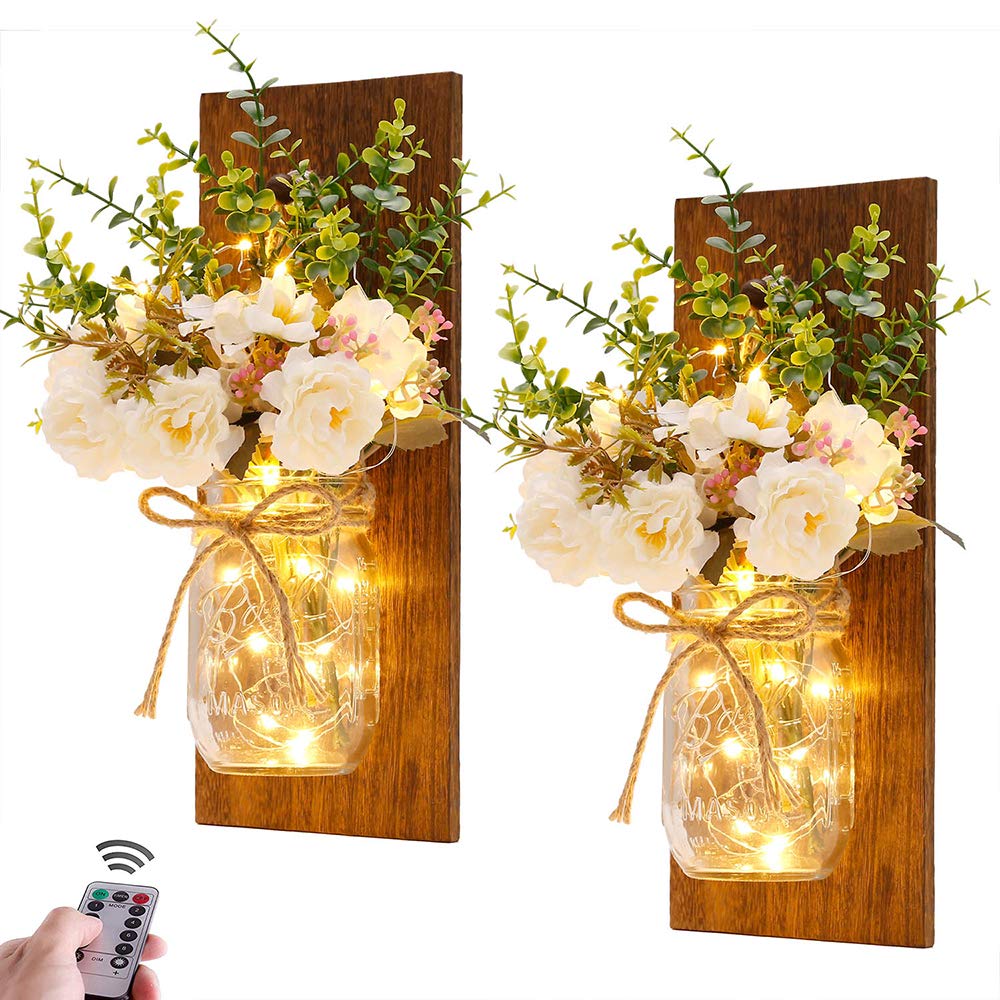Rustic Mason Jar Wall Sconces with LED Fairy Lights Set of 2