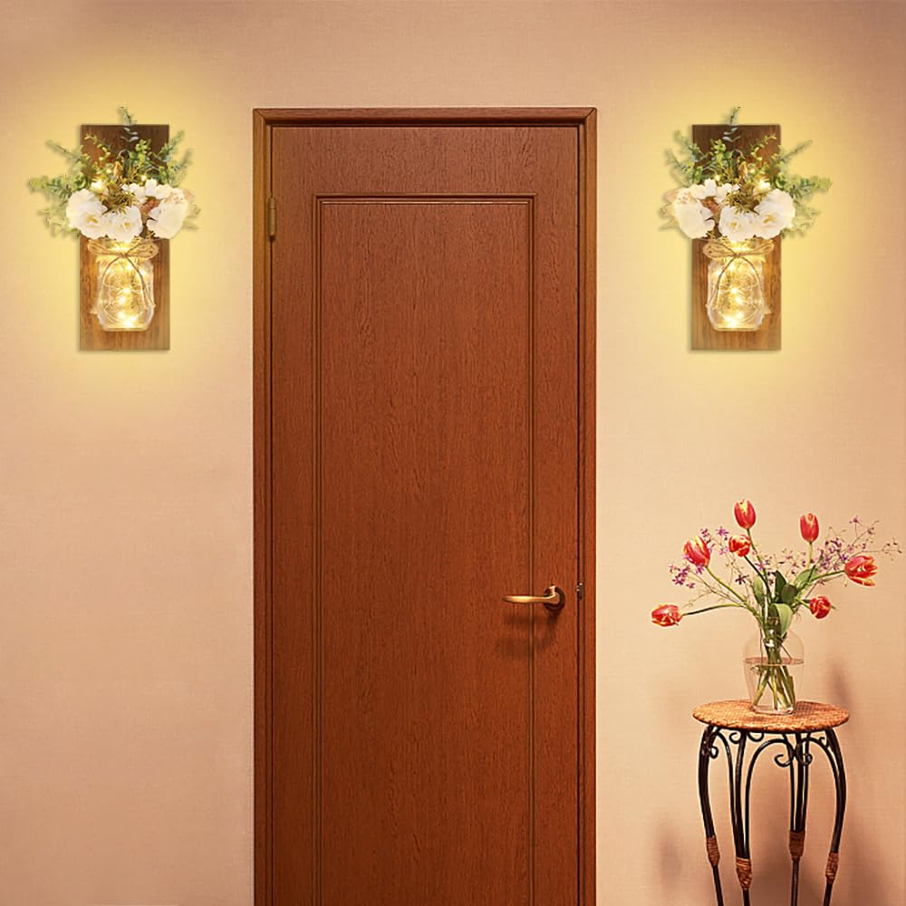Rustic Mason Jar Wall Sconces with LED Fairy Lights Set of 2