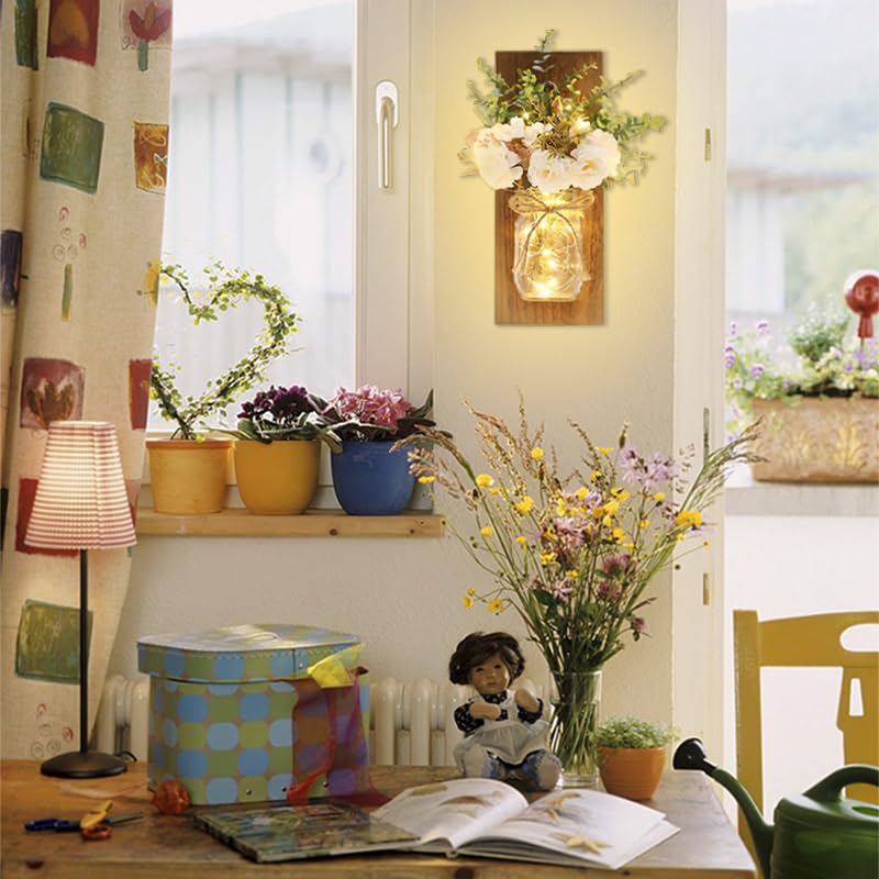 Rustic Mason Jar Wall Sconces with LED Fairy Lights Set of 2