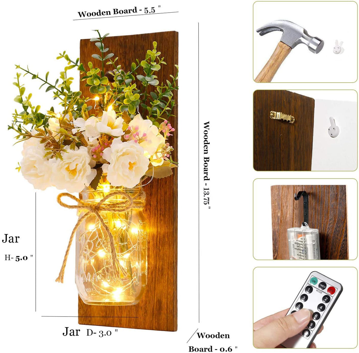 Rustic Mason Jar Wall Sconces with LED Fairy Lights Set of 2