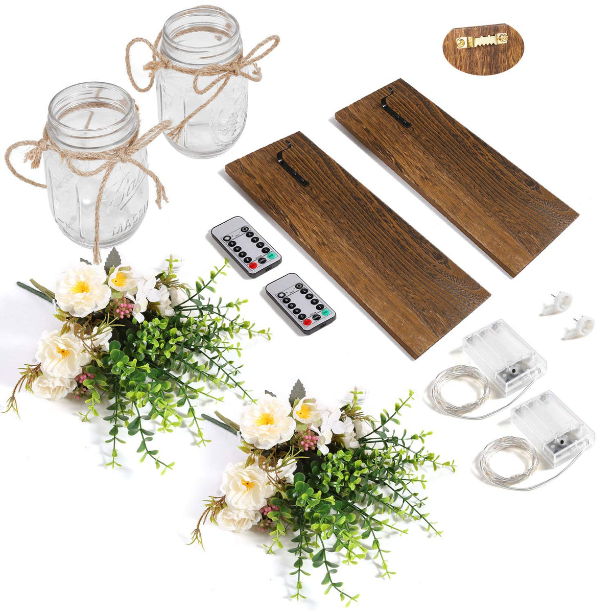 Rustic Mason Jar Wall Sconces with LED Fairy Lights Set of 2