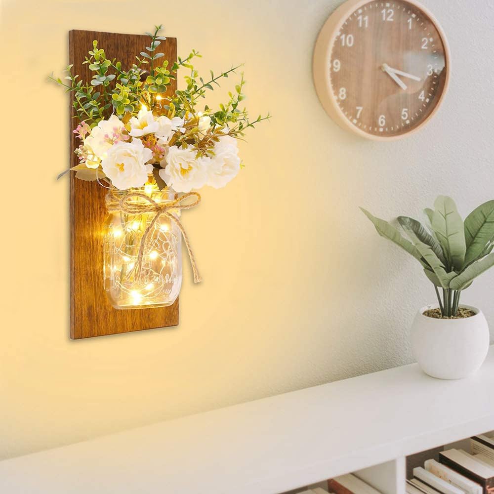 Rustic Mason Jar Wall Sconces with LED Fairy Lights Set of 2